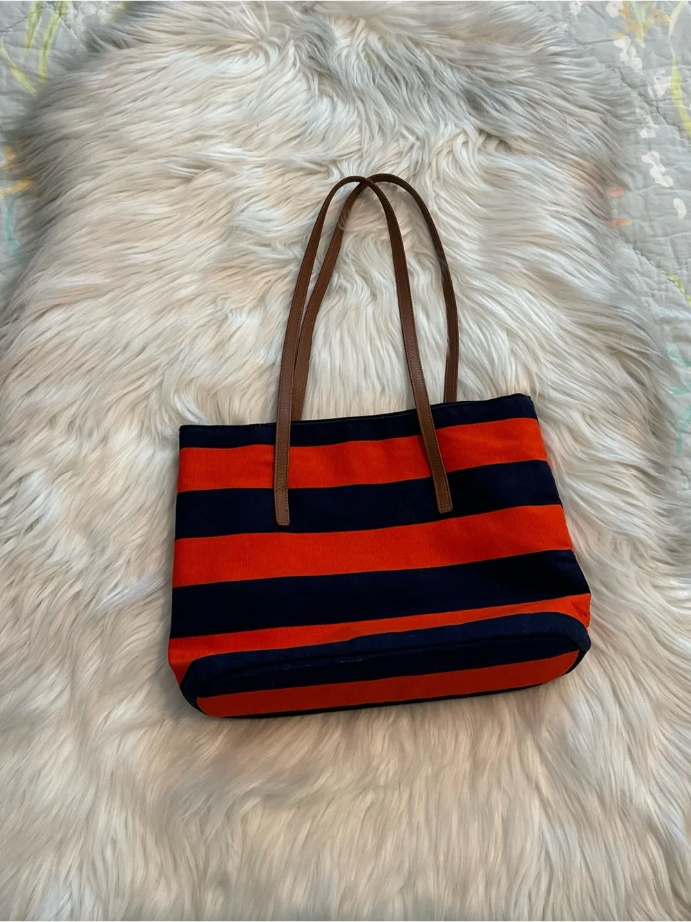 Janie and Jack Navy and Orange Striped Canvas Tote with Brown Handles